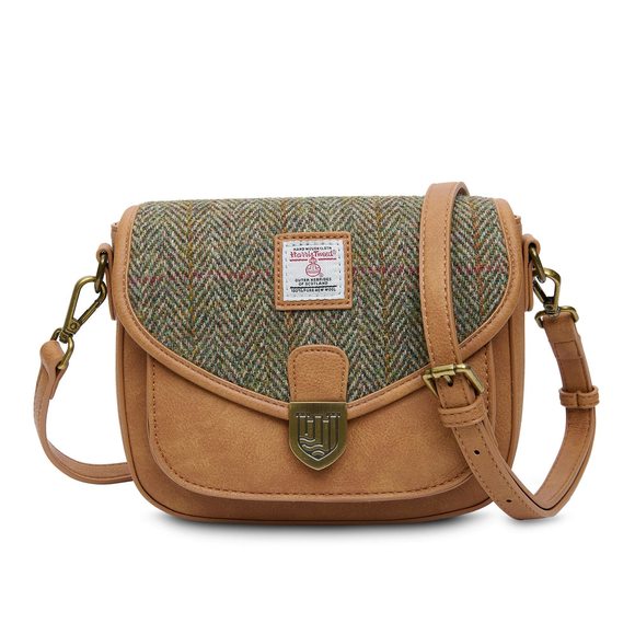 The Mini Saddle Bag With Shoulder Strau Leather And Harris Tweed Chestnut :> - Picture 1 of 7